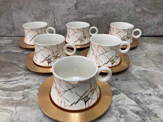 Coffee Tea cups with metal saucer marble pattern cups made of ceramic.