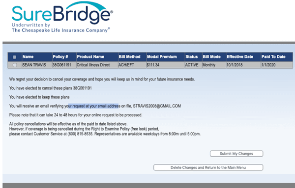 Screenshot of my cancellation from Chesapeake Surebridge Website