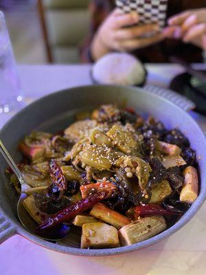 Dry Pot with assorted veggies, tofu, black fungus, imitation crab, etc.