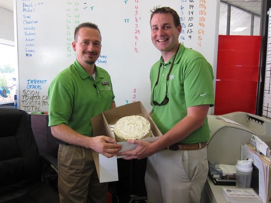 Our customers brought our New Car Sales Manager and salesman a cake out of appreciation! Thanks for the sweet treat!