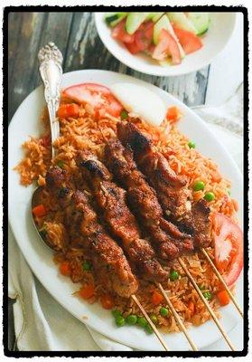 Jollof Rice x Suya Skewers.  Opt - Beef, Chicken, Ram, Shrimp?