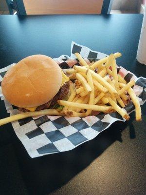 Double cheeseburger with fries.