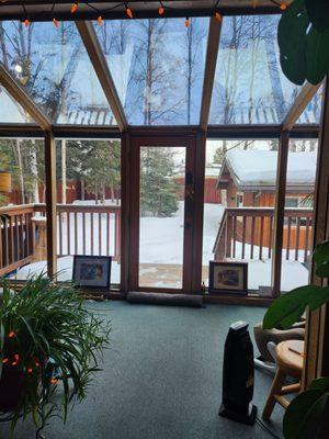 The beautiful view from inside the sauna.