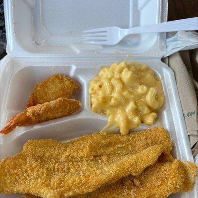 Crispy Fish, Panko Butterfly Shirmp and Mac and cheese