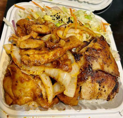 Pick Two: Island Fire Chicken & Hawaiian BBQ Chicken w/ rice underneath and salad $14.49.