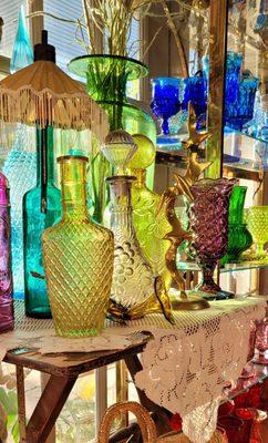 Our inventory of colored glass is extensive!  Over 700 vintage colored goblets.  Blue goblets, green goblets, amber goblets and pink goblets