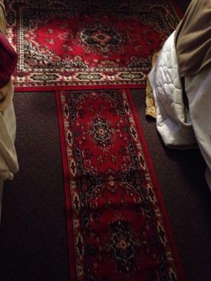 Red rugs between beds