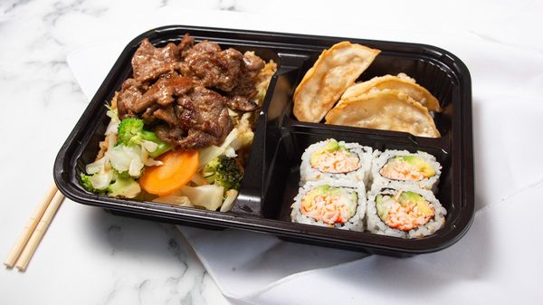 Beef bento: Teriyaki beef with rice, vegetables, California roll(4pcs), and chicken dumplings(3pcs)