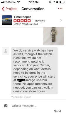 Look at how honest they are - I asked about servicing my watch.