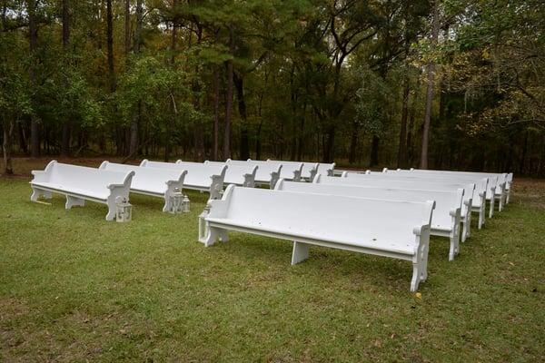 Church pew rentals A Country Rose located inside The Wedding Suite Tallahassee