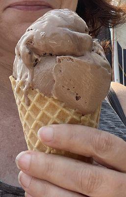 Single ice cream scoop on waffle cone.