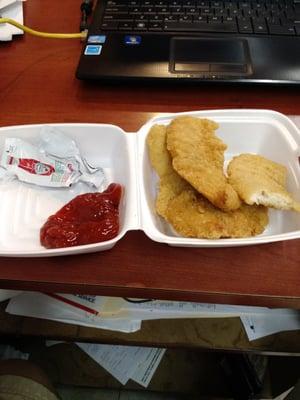 Chicken fingers for breakfast.