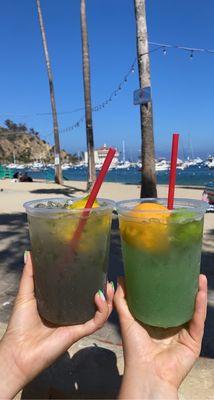 Pictured on the left is the watermelon mint lemonade with glitter, and the right is orange limeade also with glitter.