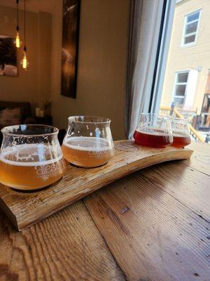 Flight: beer 1. Stonefruit Sonata  Beer 2. Rosemary Grapefruit Touch of Brett Beer 3. Raspberry Parliament  Beer 4. Rolling Mist