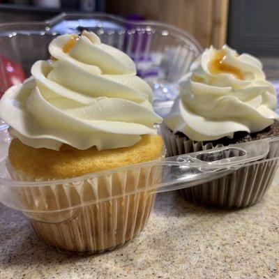 Salted caramel cupcakes with fluffy frosting and filled with a salty, melted caramel.