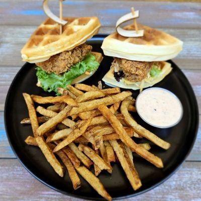 Waffle chicken sandwich with fries!