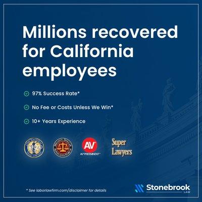 We have recovered millions in the decade that we have been fighting for employee rights in California... and we are still at it!