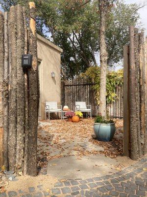 The courtyard of these sunflower north Casita with a festive Halloween arrangement