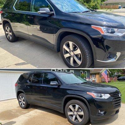 Before and after window tint and chrome delete at Zeno Wraps