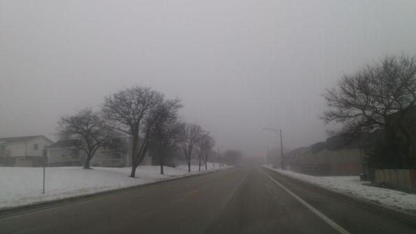 Headed west on Lawrence Ave in Roselle. Foggy out and snow's coming. Be careful out there and have a great weekend!