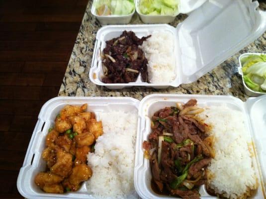 Mongolian beef, General tsaos, and spicy pork.