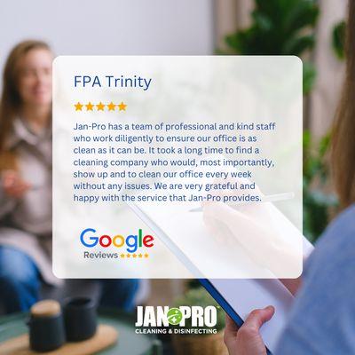 A delighted customer proudly displays a glowing review for JAN-PRO Cleaning and Disinfecting in Tampa Bay.