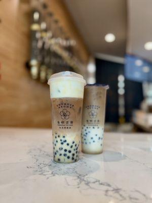 [L to R] Dancing Crane Black Milk Tea w/Boba & Cheese Foam and Golden Phoenix Milk Tea w/Boba