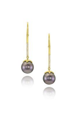 Short Bahari Bar earrings in diamond pavé and Tahitian Pearls in 18k yellow gold