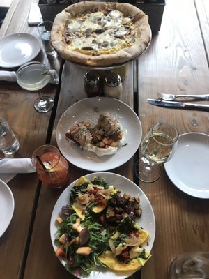 Brunch - breakfast pizza, maple biscuit, and spinach frittata