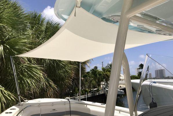 22' Cobia Bow Sunshade in Stamoid White Marine Fabric and Custom Made  S. S. Poles.