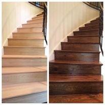 Complete Staircase installation: Red Mahagony/Dark Walnut Intermix Stain applied, sealed and finished with Satin Oil-Based Poly.