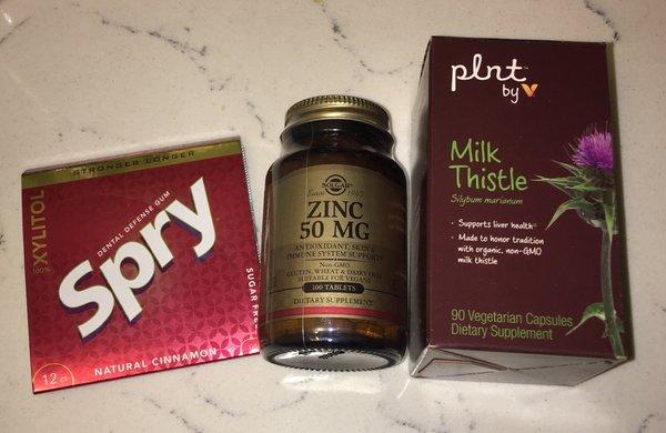 I got this gum supposed to help with dental hygiene. Zinc to keep my skin & immune system healthy. Non-GMO Milk Thistle to detox liver