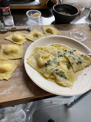 Final product! Four cheese ravioli in a brown butter/sage sauce.