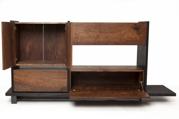 Charro Buffet Cabinet in Solid Charred/Natural Claro Walnut, Nickel Soft Down Hardware, and Patinated Steel Base.