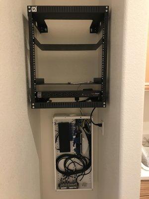 Home smart panel - Ethernet and coaxial connections. 12U rack with PDU and shelf ready for ISP modem / router installation. San Jose, CA