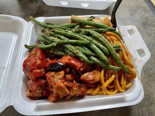 Bang bang chicken with noodles, garlic green beans and spring roll