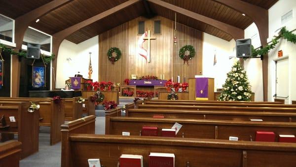 Church decorated for December