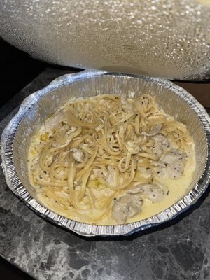 Chicken Alfredo with no broccoli. Oily noodles and barely any sauce. Not $17 worth