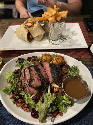 Apple goat cheese salad with steak and Buffalo chicken wrap