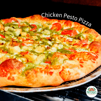 Our Chicken Pesto pizza recipe= Basil pesto sauce drizzle, sliced tomatoes, roasted chicken breast,  artichokes, and premium100% Mozzarella.