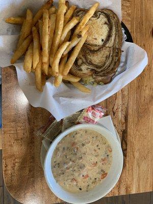 Rueben and soup of the day: wild chicken and rice