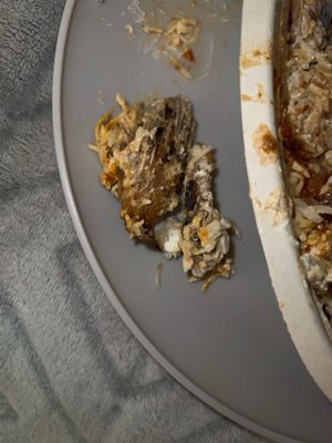 a few of the burnt HARD pieces of chicken that could break someone's tooth.