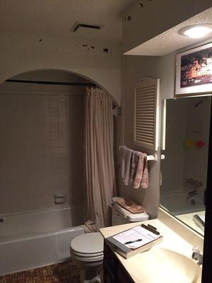 Before photo. We removed the valance above the shower and the soffit above the vanity to create a more spacious look.