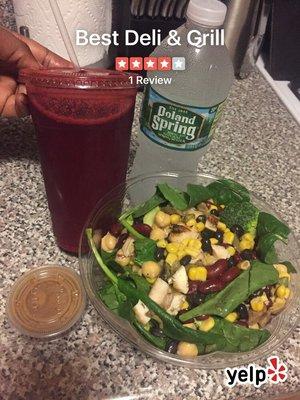 Spinach: w/ grilled chicken, corn, black & kidney beans, chic peas, avocado, broccoli & balsamic (free H2O)  Fresh Juice: Hangover Killa