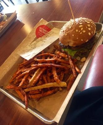 Mooyah burger and sweet potato fries.