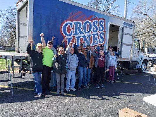 We give out free Crosslines food to 100 families and about 250 people on the first Friday, March through October.