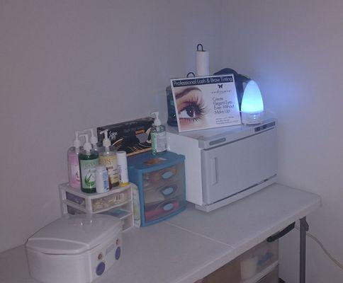 All Waxing Needs, Towel Warmer, Lash Tint, Lash Lift, and Oil diffuser for aromatherapy.