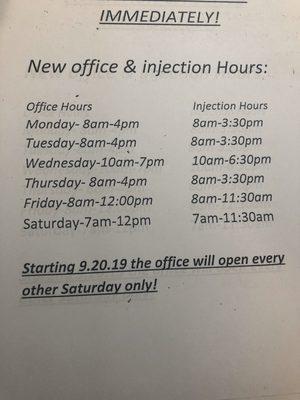 New Hours for injections