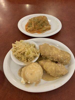 City chicken with mashed potatoes and gravy, kapusta, and stuffed cabbage.  Outstanding!