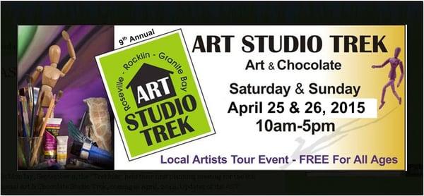 ART STUDIO TREK  ~ 2015 ~ (Art and Chocolate) 
 Saturday, April 25th & Sunday, April 26th 2015 from 10am to 5pm.
  FREE ~ Open studio